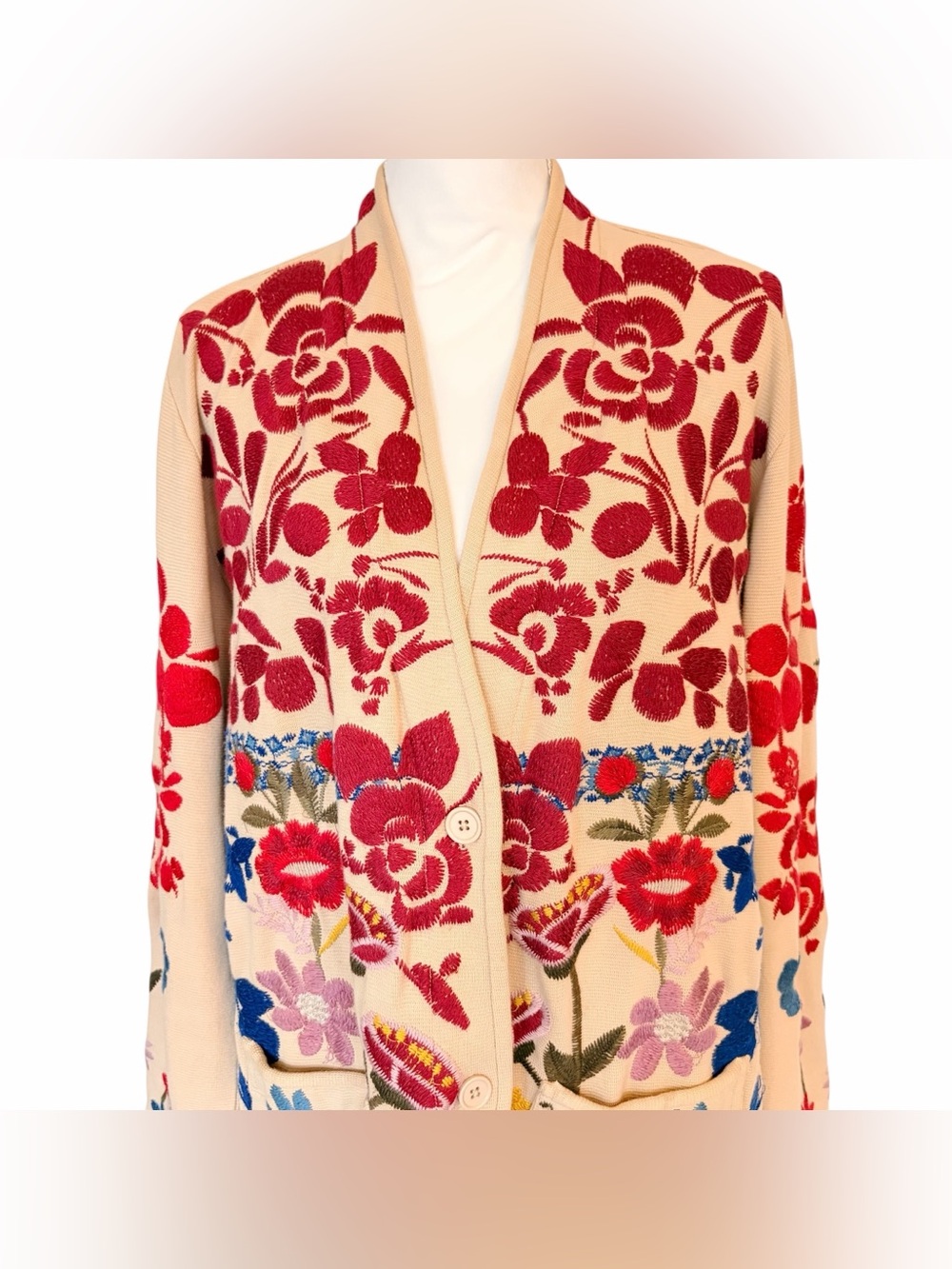 Johnny Was BIYA Embroidered Cardigan Coat Boho Floral Jacket Beige Multicolor XL - Picture 3 of 14